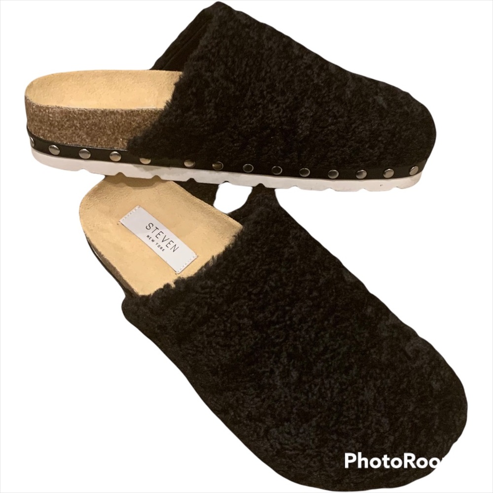 NEW! Steven New York faux fur studded slipper mule indoor outdoor 6.5 black